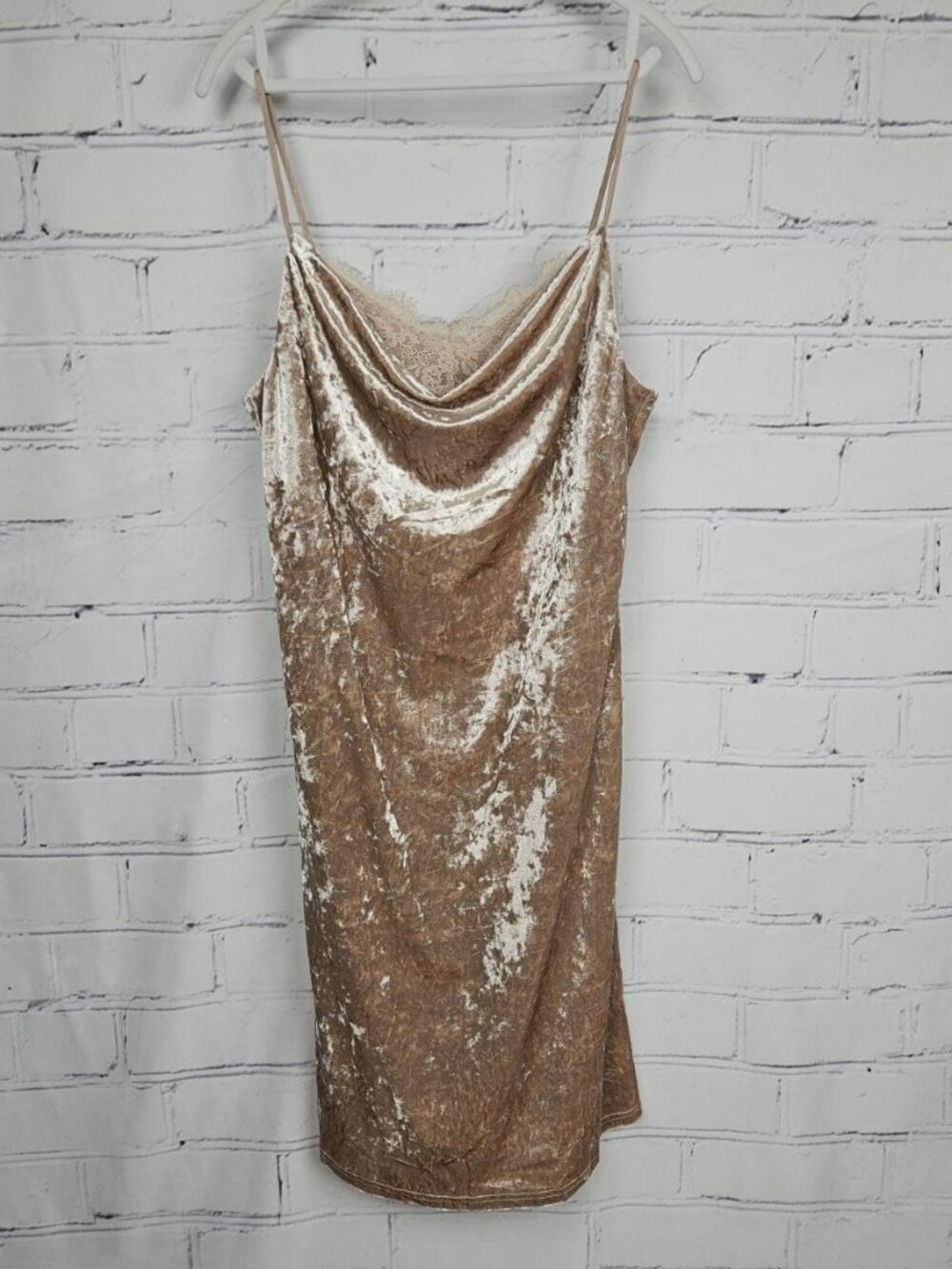 Hem & Thread Velvet Slip Dress with Lace Trim Womens L Nude Beige Cowl Drape